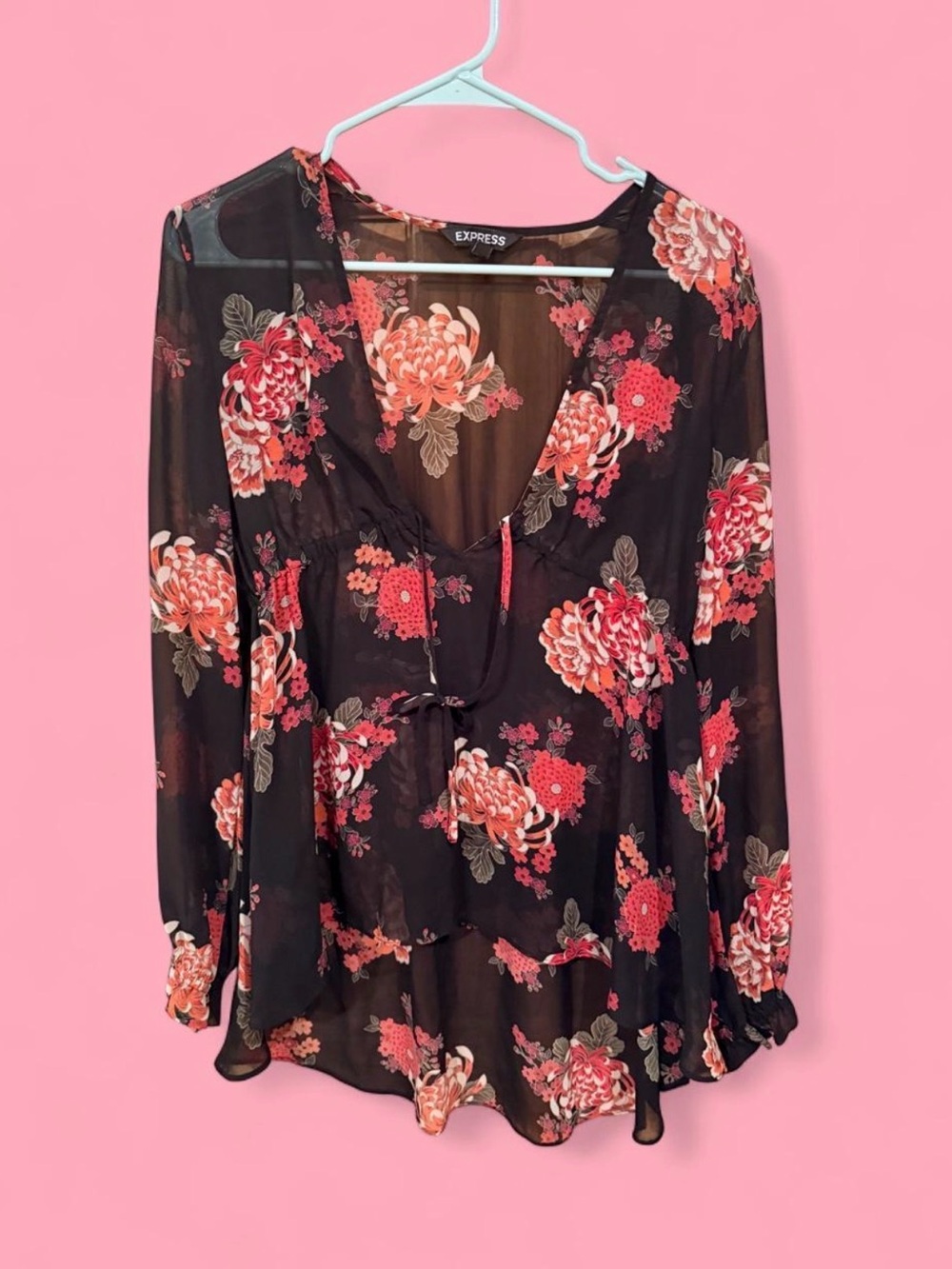 Express Black Sheer Floral Tie-Front Blouse